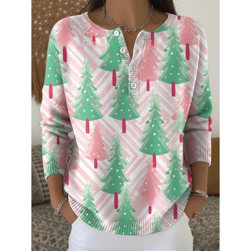 Women Retro Christmas 3D Print Four-Button Stand-Up Collar Long Sleeve T-Shirt teemdrop