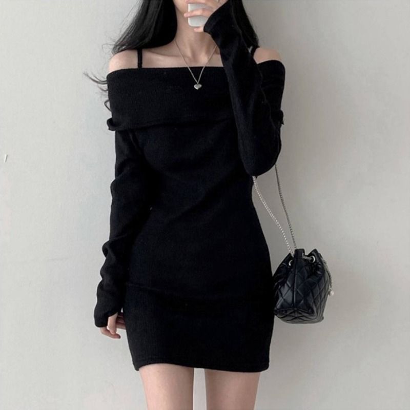 Women's Off-Shoulder Ribbed Knit Hip-Hugging Short Dress teemdrop