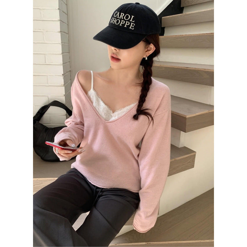 Women V-Neck Long Sleeve Solid Casual Knit Sweater teemdrop