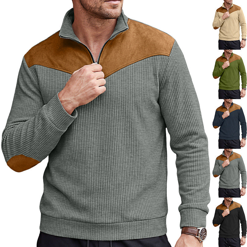 Men's Clothing Vertical Ribbed Half-Zip Stand Collar Sweatshirt with Suede Patchwork Retro Long-Sleeve teemdrop