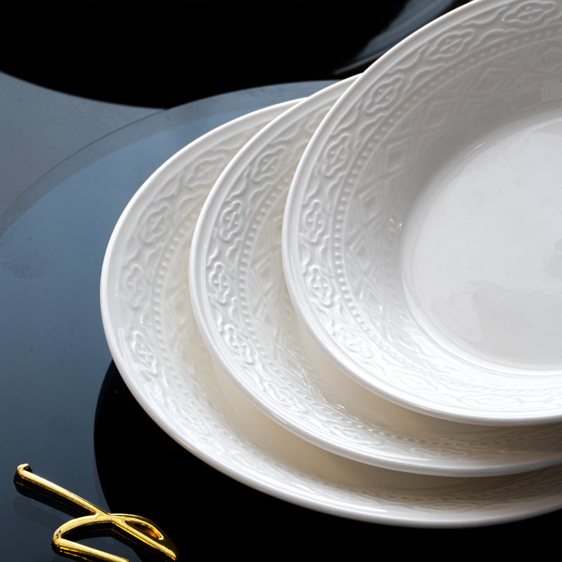 High Relief Porcelain Dinner Plate Bohemian Style Deep Round Serving Dish