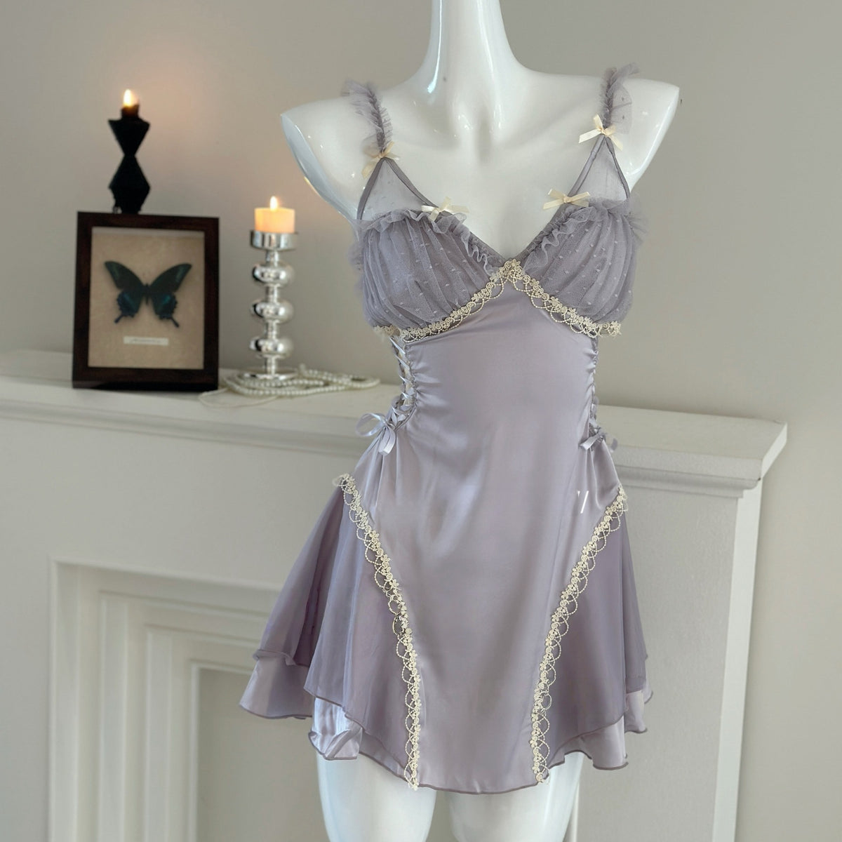 Women's Sexy Backless Mesh Lace Nightgown and Robe Set with Chest Pads teemdrop
