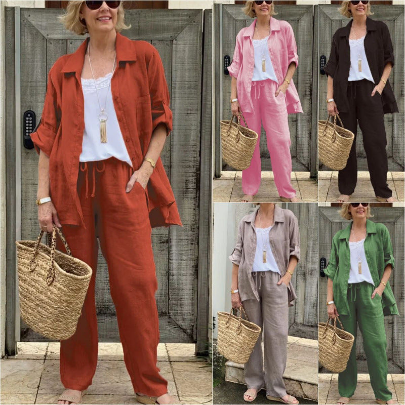 Women's Linen Blend Long Sleeve Shirt Trousers Suit