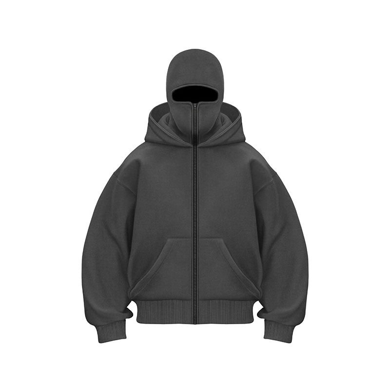 Zippered hooded pullover with face mask and loose fit