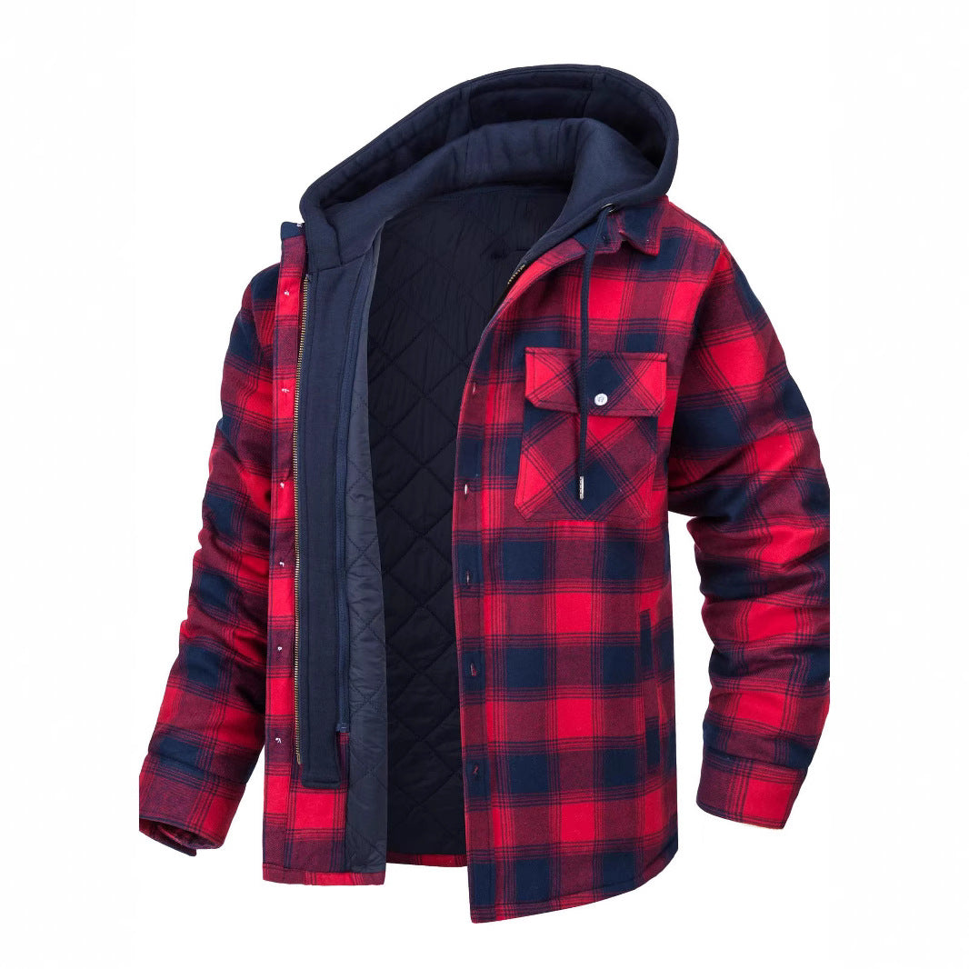 Autumn and Winter Cotton Outwear Plaid Long-Sleeved Loose Hooded Jacket teemdrop