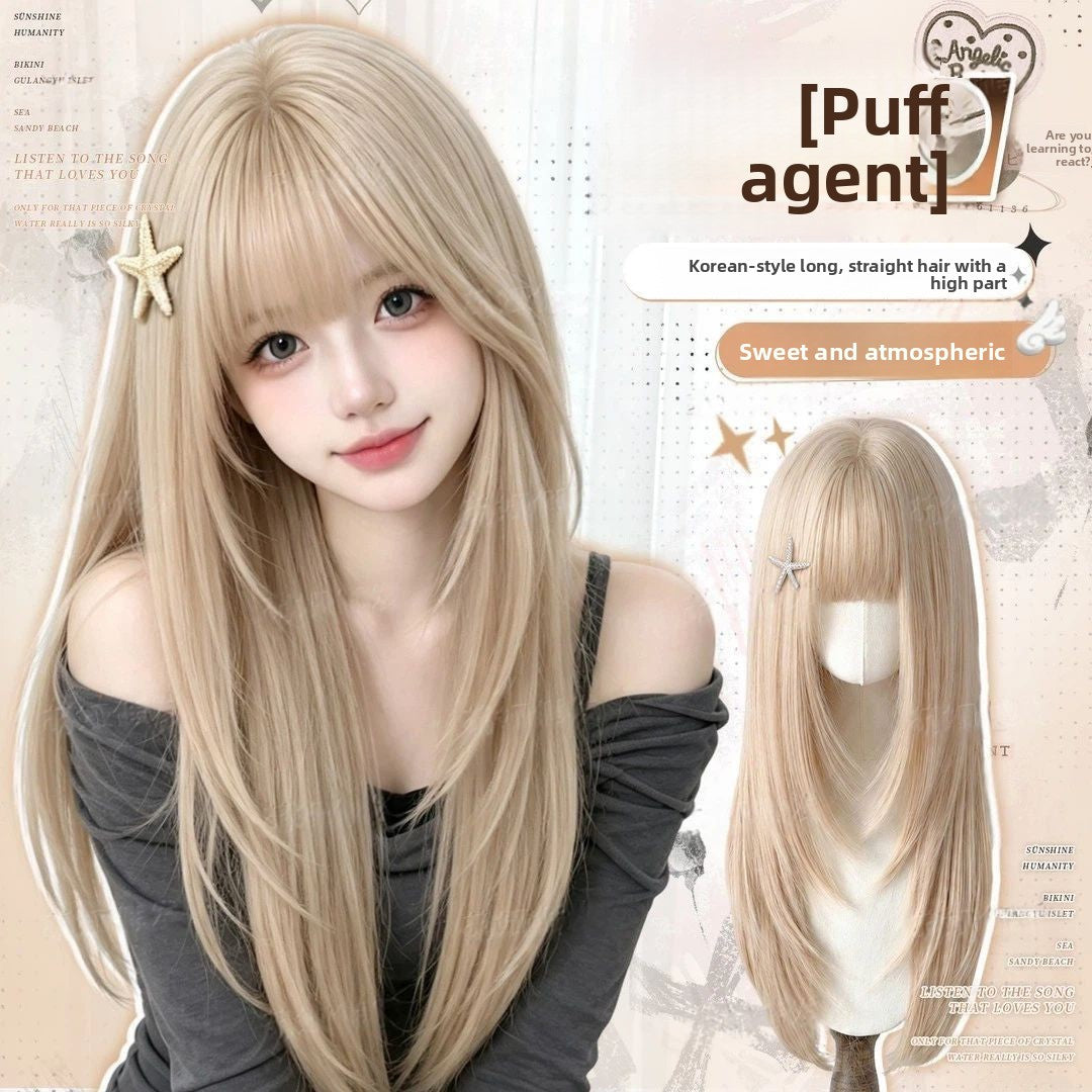 Women Korean Style Layered Long Straight Wig with Air Bangs Natural Look Heat Resistant Fiber Hair teemdrop