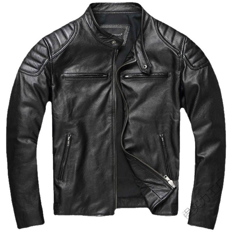 Mens Vintage PU Leather Jacket with Stand Collar