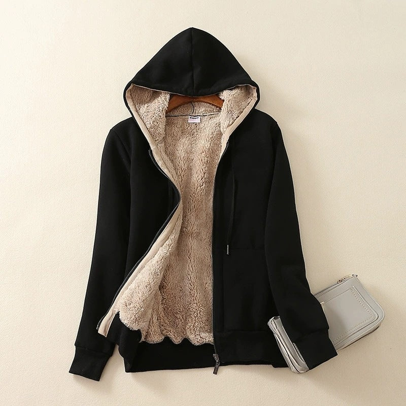 Women's Fleece-Lined Lamb Wool Zip-Up Hooded Cardigan teemdrop