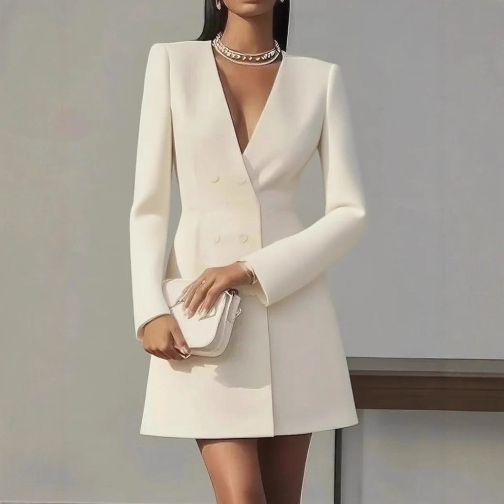 Women's Long-Sleeve Double-Breasted V-Neck Polyester Dress teemdrop