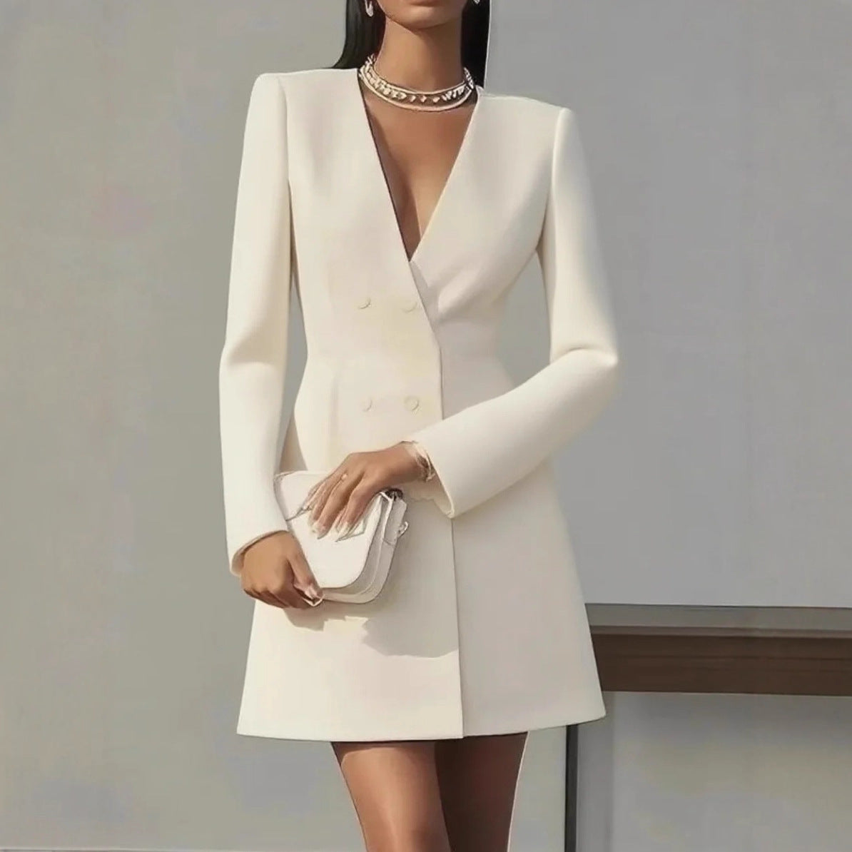 Women's Long-Sleeve Double-Breasted V-Neck Polyester Dress teemdrop