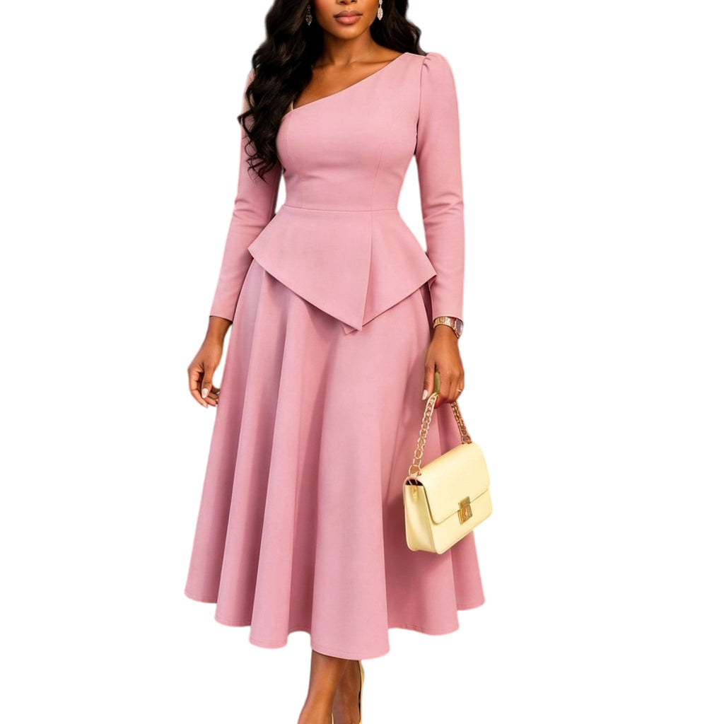 Women's Slanted Neckline Ruffled Waist Midi Dress teemdrop
