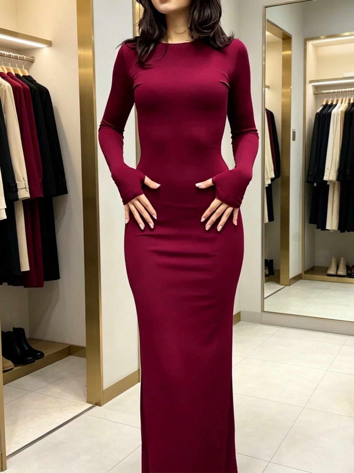 Women's Solid Bodycon Long Sleeve Long Dress teemdrop