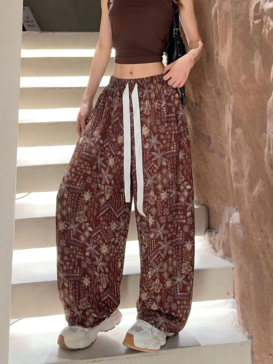 Women's Artistic Print High-Waist Wide-Leg Cotton Casual Pants teemdrop