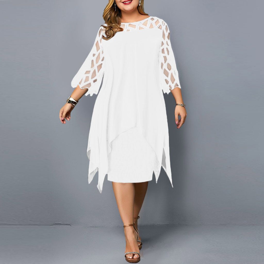 Women's Elegant Lace Patchwork Chiffon Dress with 3/4 Sleeves and Irregular Hem teemdrop