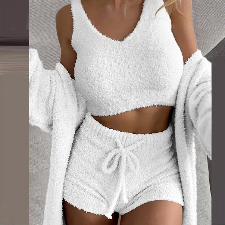 Women's Plush Three-Piece Long Sleeve Vest Shorts Track Set teemdrop