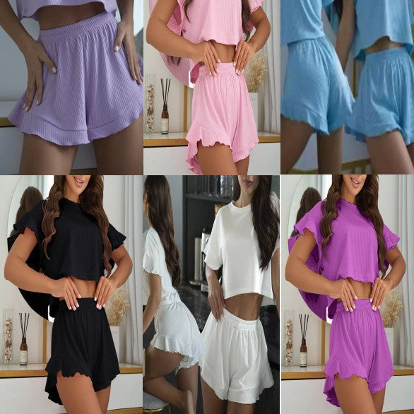 Women's Ribbed Lace-Trim Cami and Shorts Lounge Set teemdrop