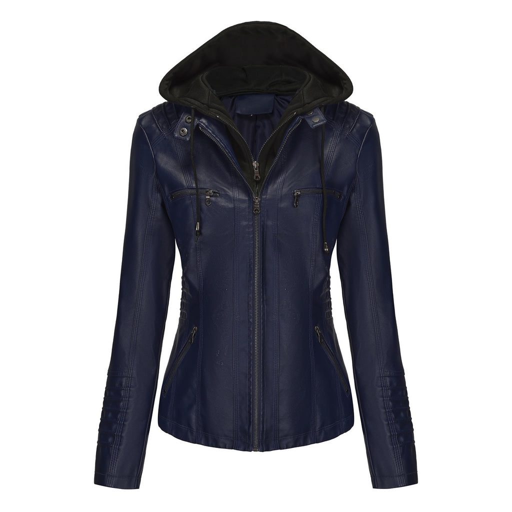 Womens Hooded PU Leather Jacket Two-Piece Set