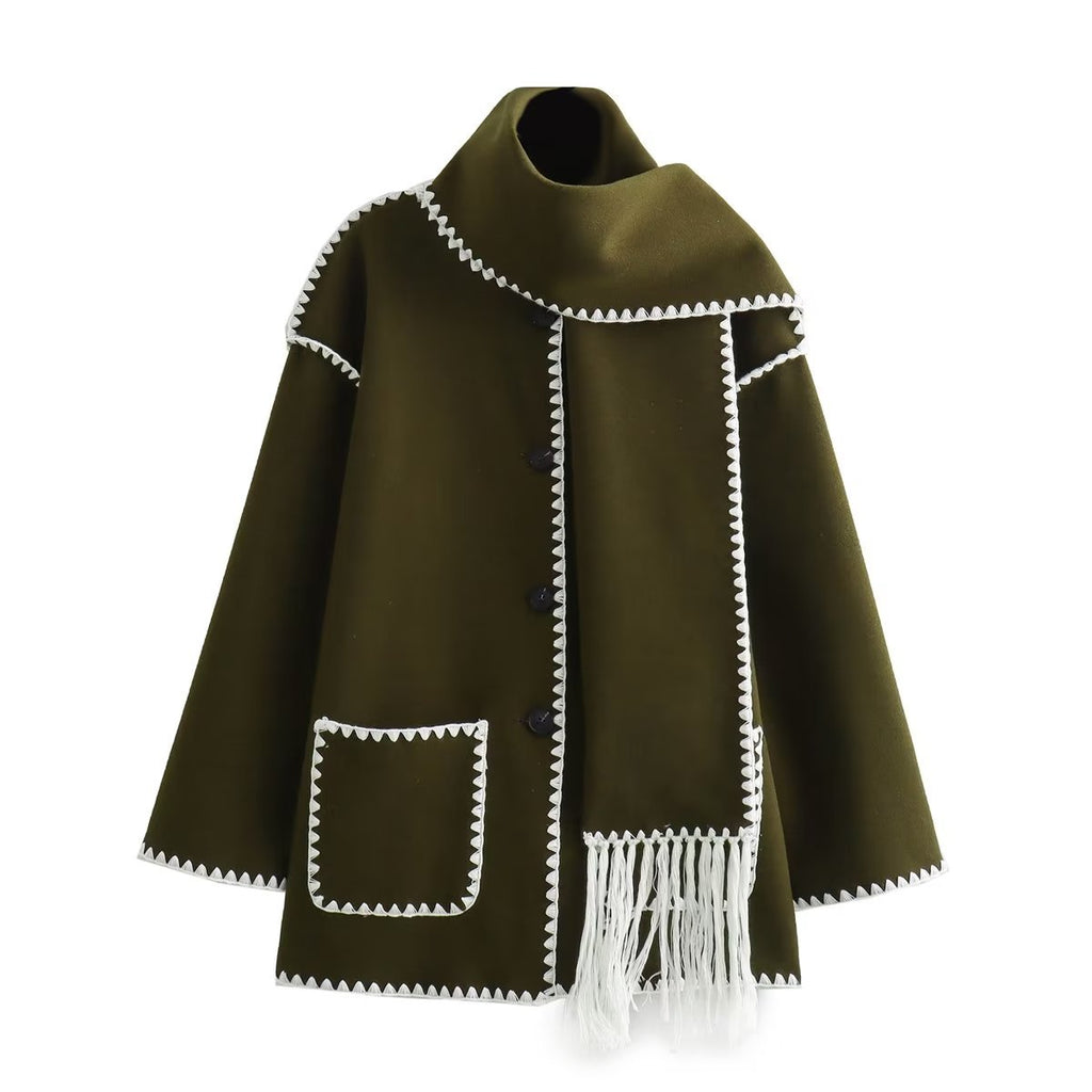 Women's Solid Color Scarf Collar Patchwork Loose Woolen Coat teemdrop