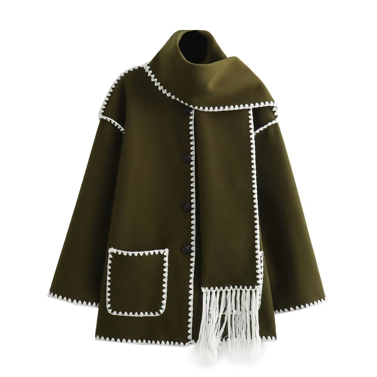 Women's Solid Color Scarf Collar Patchwork Loose Woolen Coat teemdrop