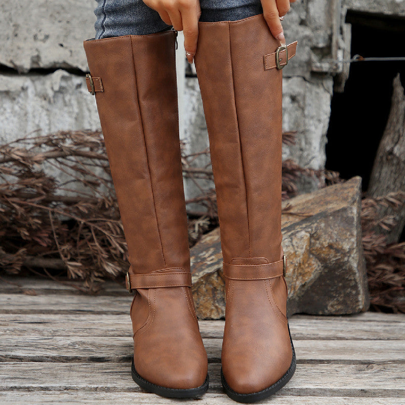Women's Chunky Heel High Tube Boots with Square Buckle and Side Zipper teemdrop