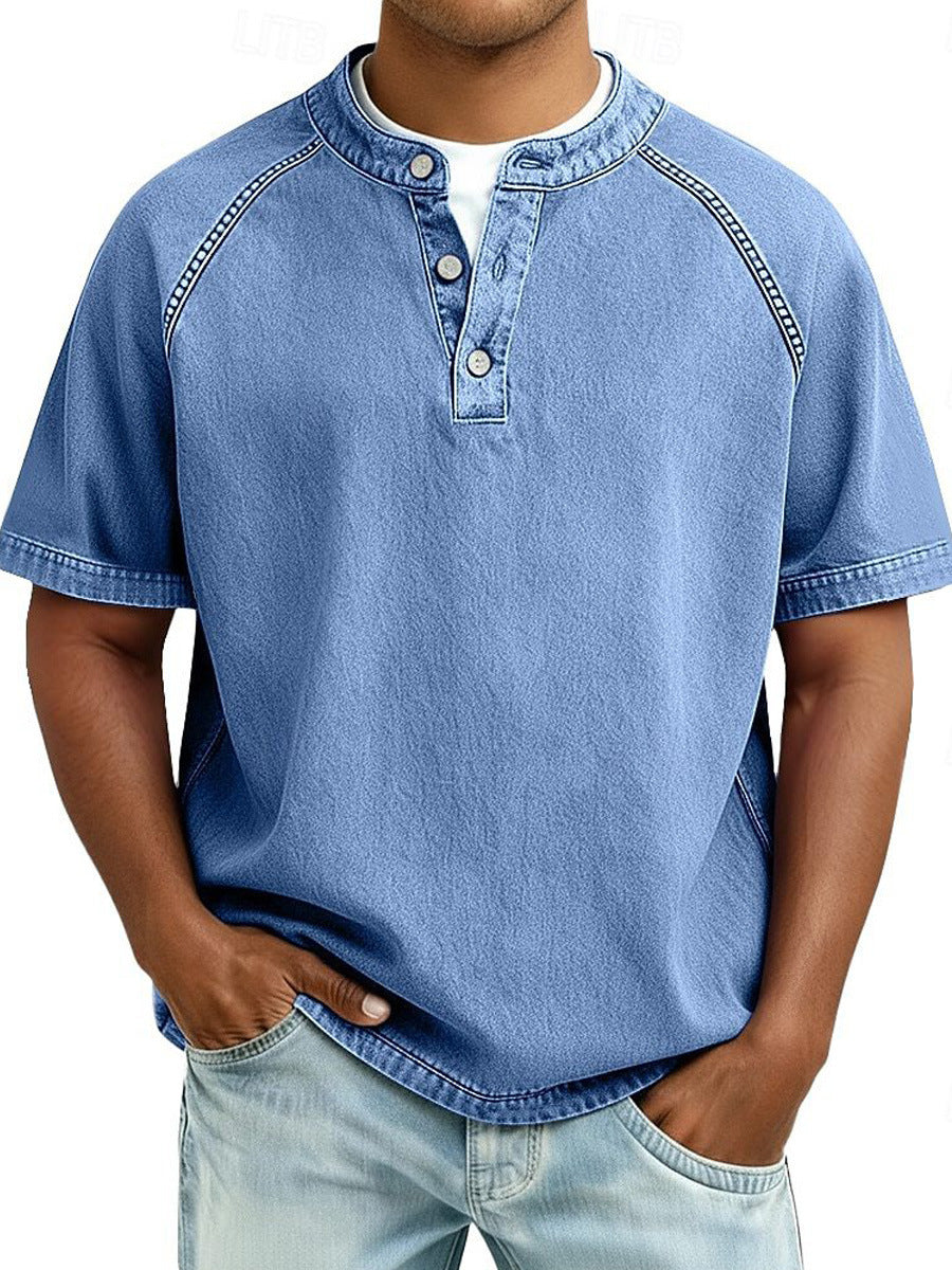 Men's Retro Casual Loose Fit Short Sleeve Button Up Polo Shirt Breathable Polyester Top teemdrop
