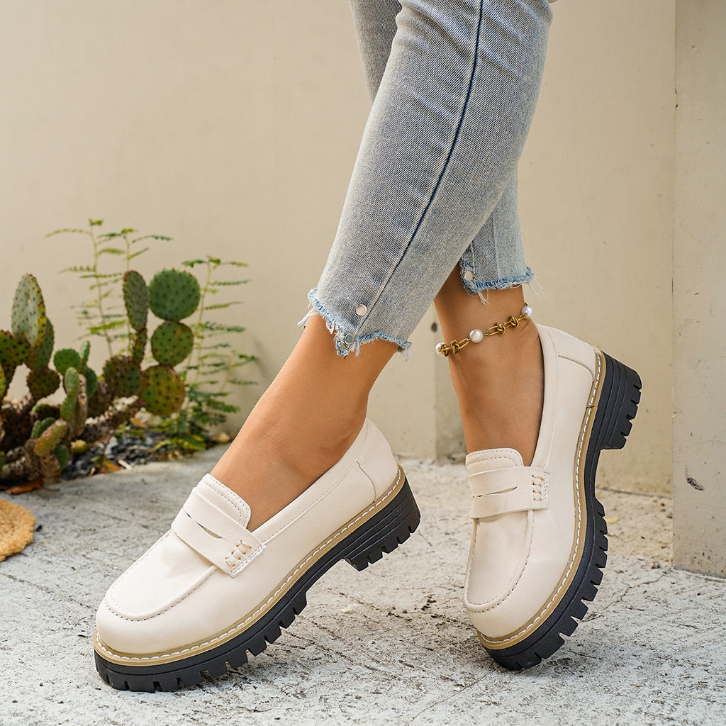 Womens Classic PU Loafers Round Toe Thick Heel Slip On Shoes teemdrop