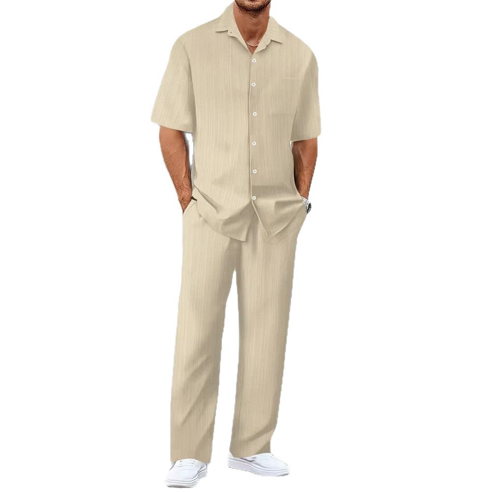 Mens Solid Color Short Sleeve Shirt and Drawstring Long Pants Two Piece Outfit teemdrop