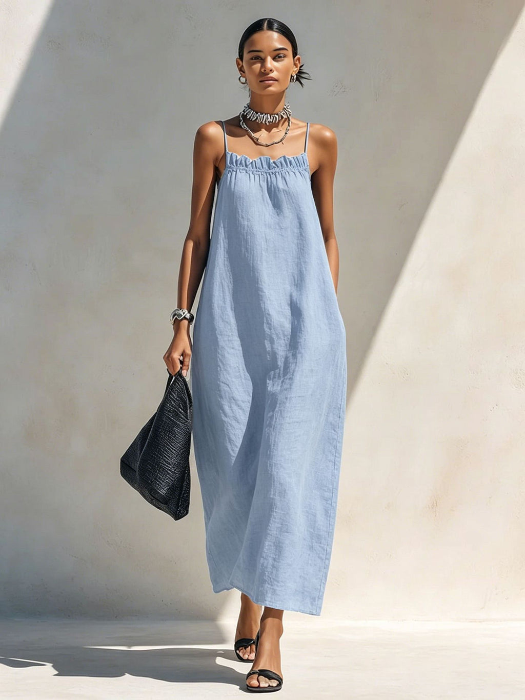 Women's Summer Solid Color Ruffle Collar Sleeveless A-Line Long Dress teemdrop