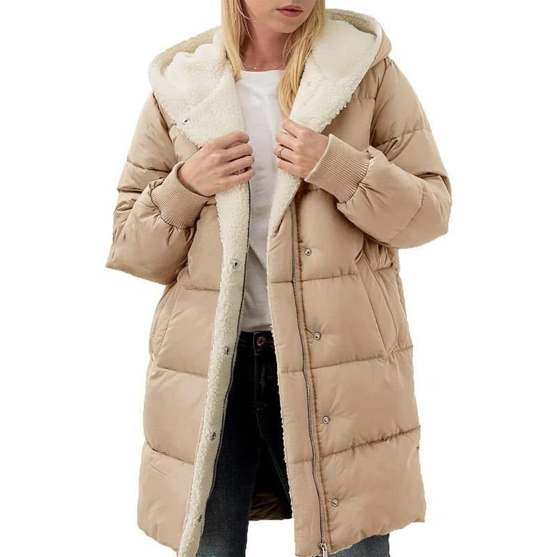 Solid color hooded cotton-padded jacket long-sleeved double-sided velvet slim-fit elegant cardigan teemdrop
