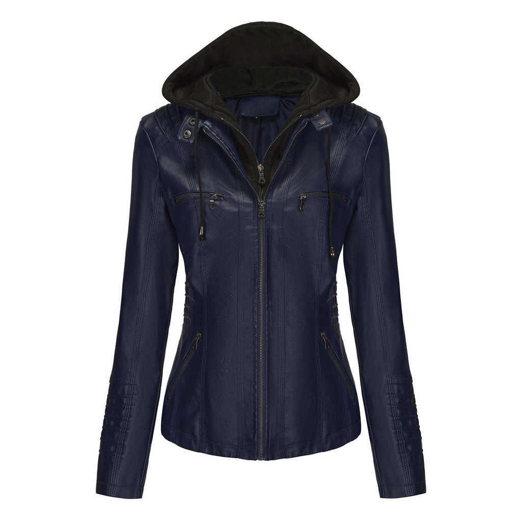 Women's Faux Leather Hooded Jacket Two-Piece Set Slim Fit Long Sleeve teemdrop