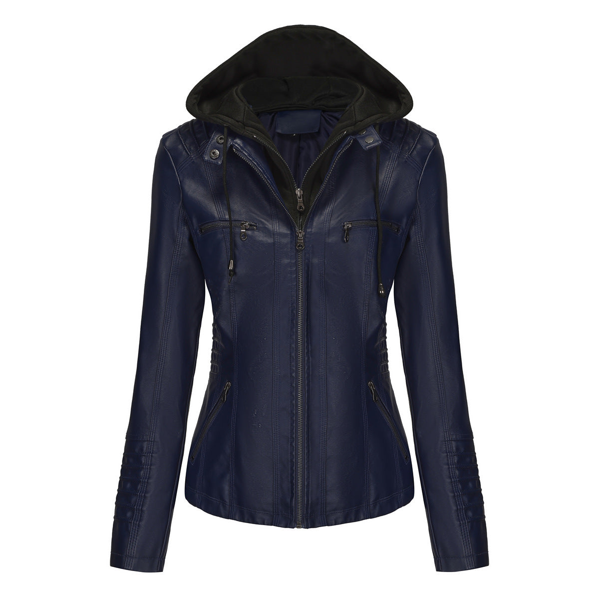 Women's Faux Leather Hooded Jacket Two-Piece Set Slim Fit Long Sleeve teemdrop