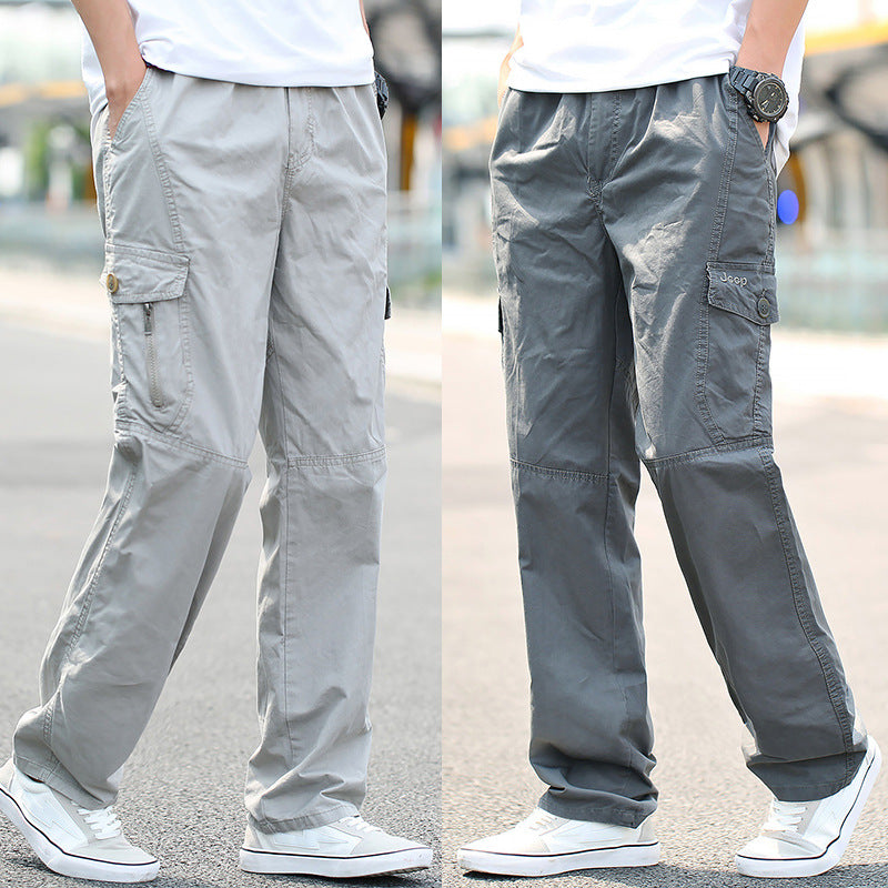 Men Pure Cotton Loose Fit Multi-Pocket Cargo Pants Breathable Straight Leg Casual Trousers teemdrop