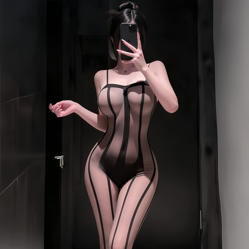 Sexy vertical-striped, sheer black, strapless, spaghetti-strap mesh bodysuit teemdrop
