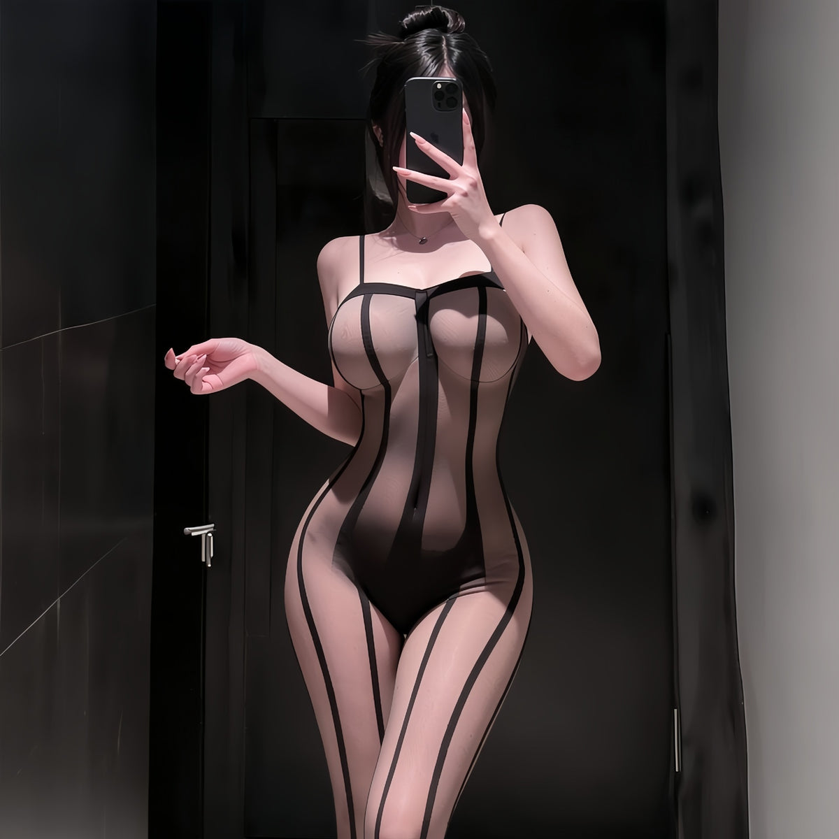 Sexy vertical-striped, sheer black, strapless, spaghetti-strap mesh bodysuit teemdrop