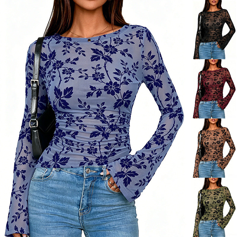 Women's Floral Flocked Mesh Slim Fit Long Sleeve T-Shirt teemdrop