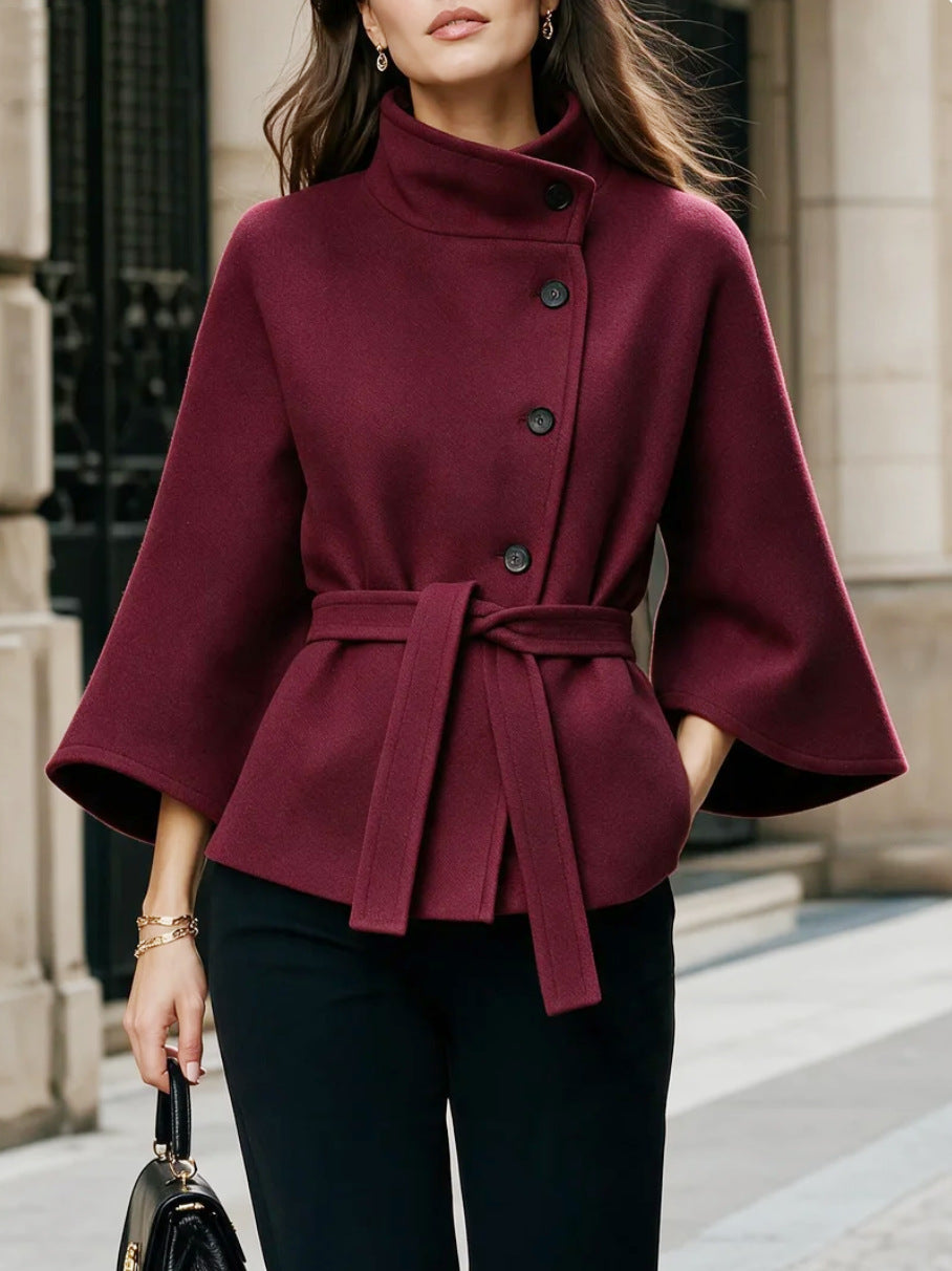 Women's Stand Collar Flared Sleeve Alpaca Wool Blend Coat teemdrop