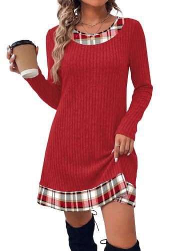 Women's Autumn Winter Plaid Patchwork Bodycon Knitted Sweater Dress teemdrop