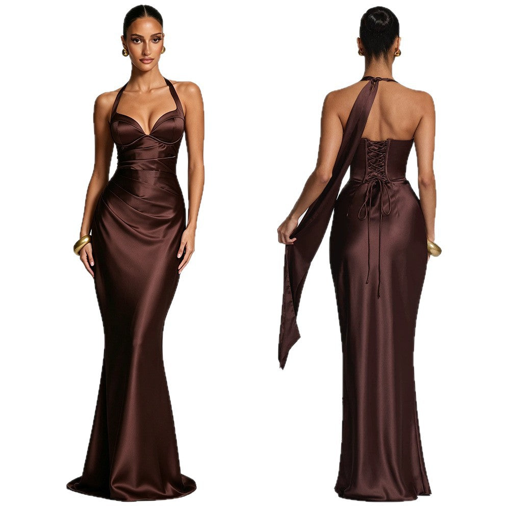 Women's Halter Satin Fishtail Dress Deep V-Neck Backless Tie-Back Long Party Dress teemdrop