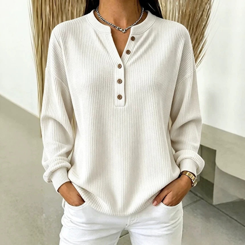 Women's Ribbed Knit Half-Button Henley Long Sleeve T-Shirt teemdrop