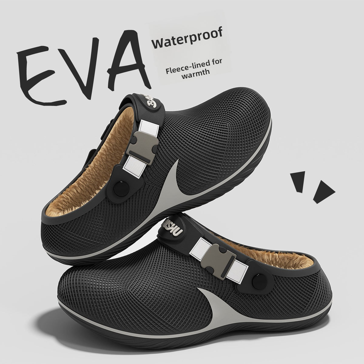 Two black textured plastic slippers with tan fleece lining and adjustable straps, labeled EVA Waterproof.