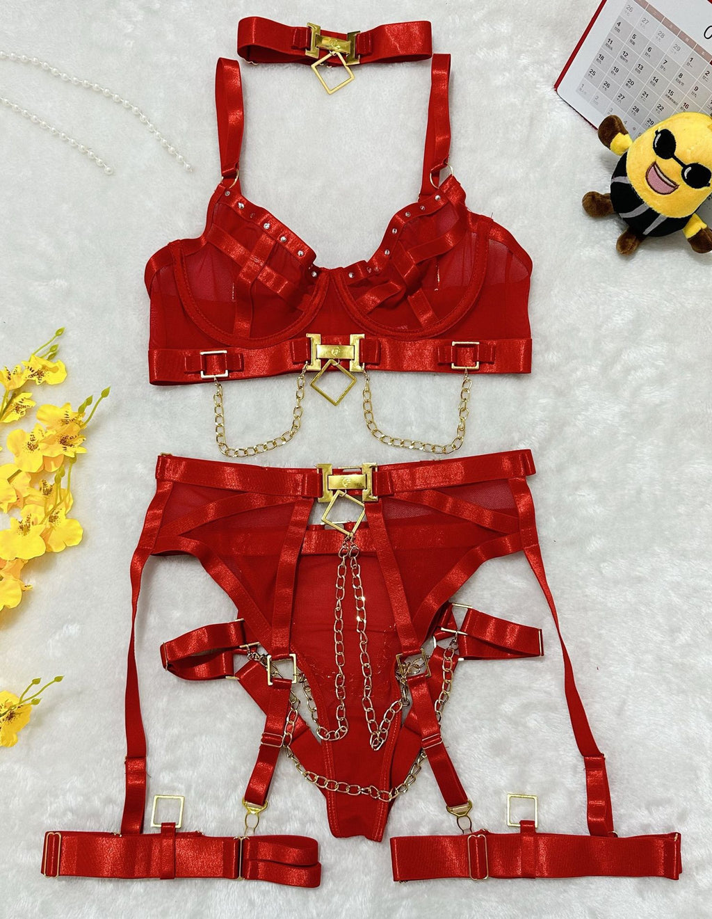 Sheer Mesh and Metal Chain Lingerie Set teemdrop