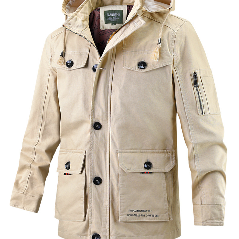 Men's cotton casual jacket with hood and stand-up collar, long and full-length coat