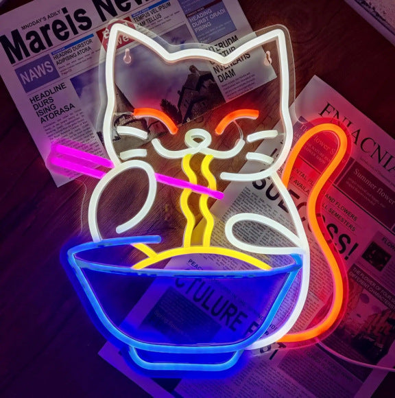 USB Dimmable LED Neon Sign, Cat Eating Noodles Light, Acrylic Animal Shaped Nightlight for Home Decor teemdrop
