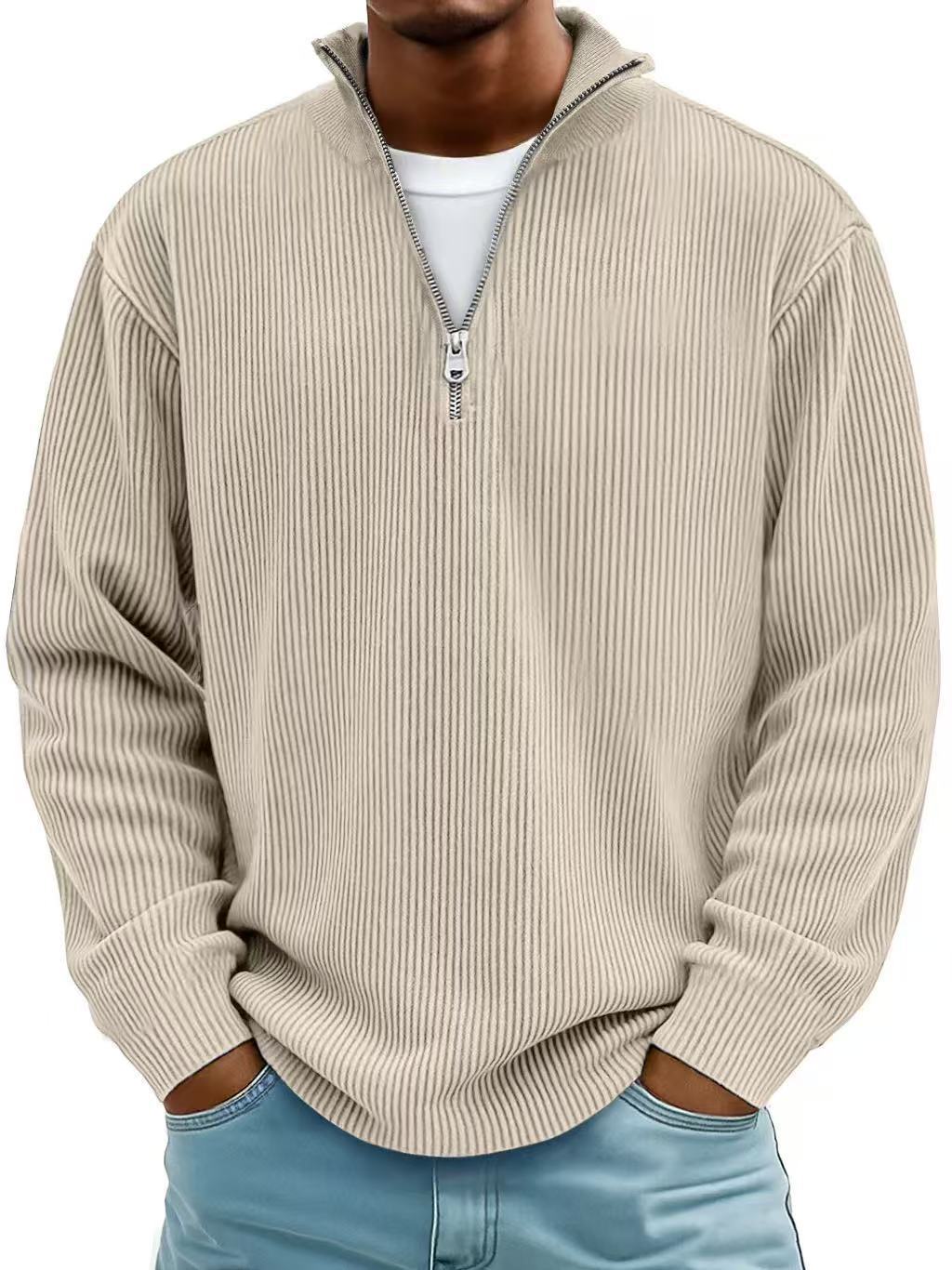 Men's Stand Collar Zipper Corduroy Long Sleeve Polo Shirt teemdrop
