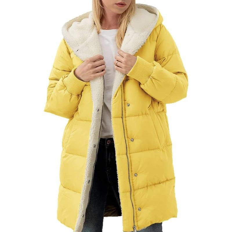 Solid color hooded cotton-padded jacket long-sleeved double-sided velvet slim-fit elegant cardigan teemdrop