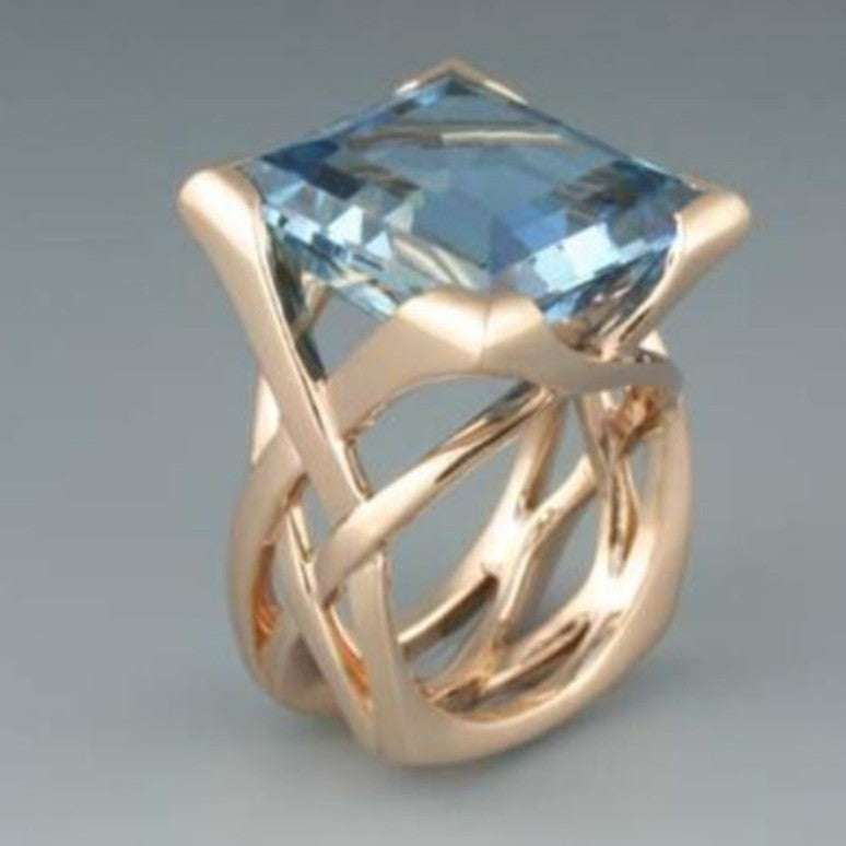 Gold Hollow Geometric Ring with Square Blue Zircon Inlay for Unisex