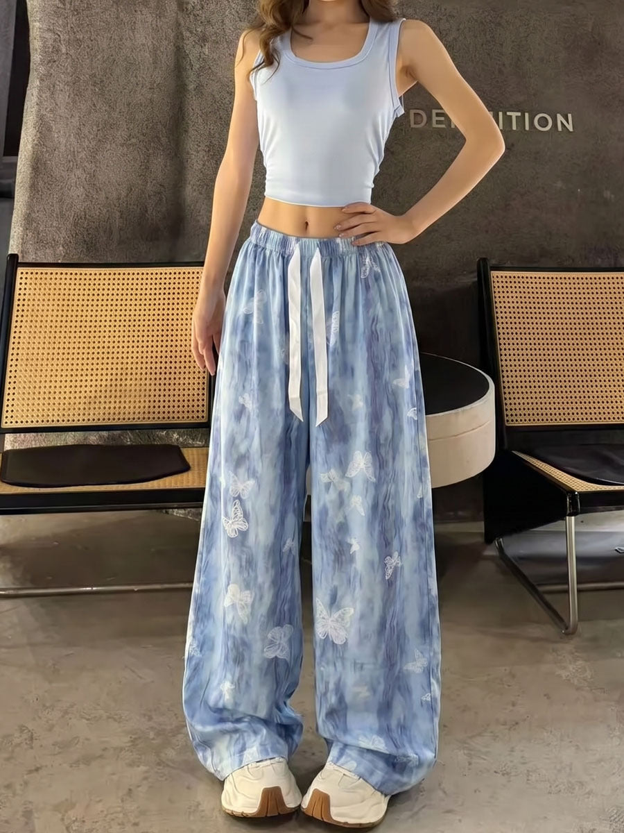Women's Artistic Print High-Waist Wide-Leg Cotton Casual Pants teemdrop