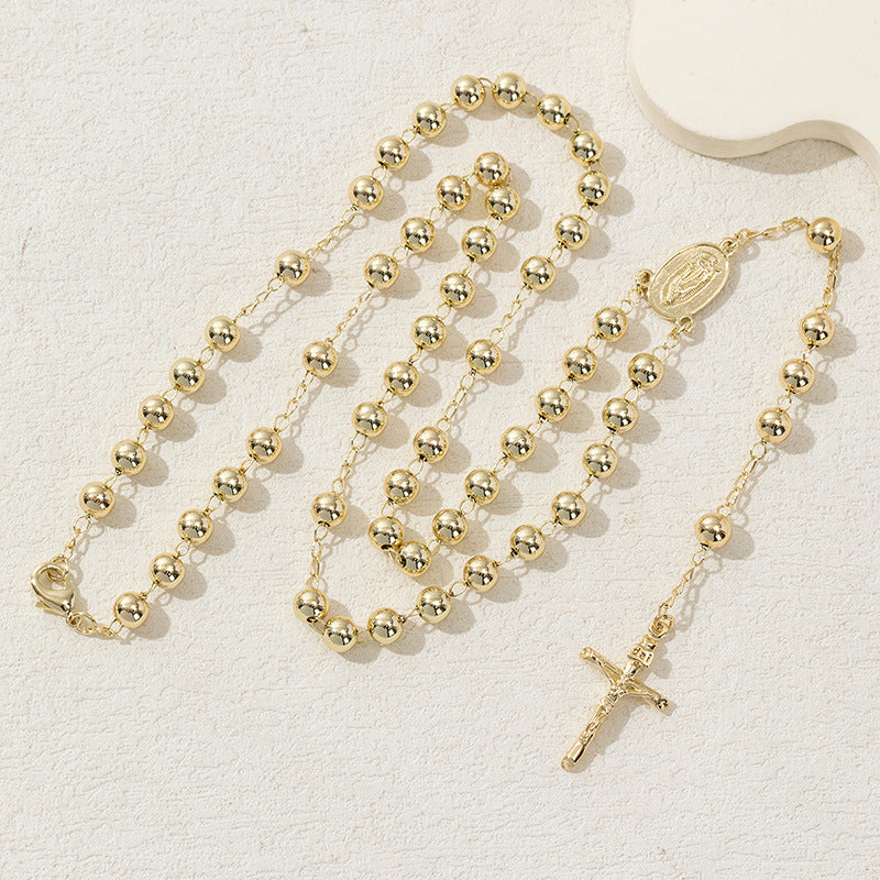 Light Luxury Gold Cross Pendant Long Bead Chain teemdrop