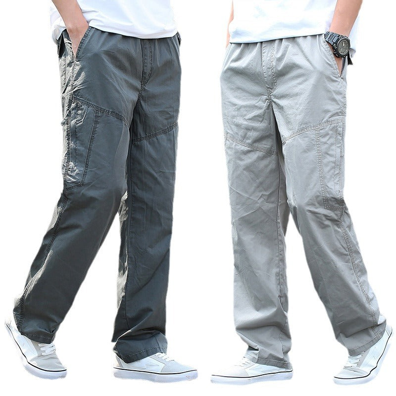 Men Pure Cotton Loose Fit Multi-Pocket Cargo Pants Breathable Straight Leg Casual Trousers teemdrop