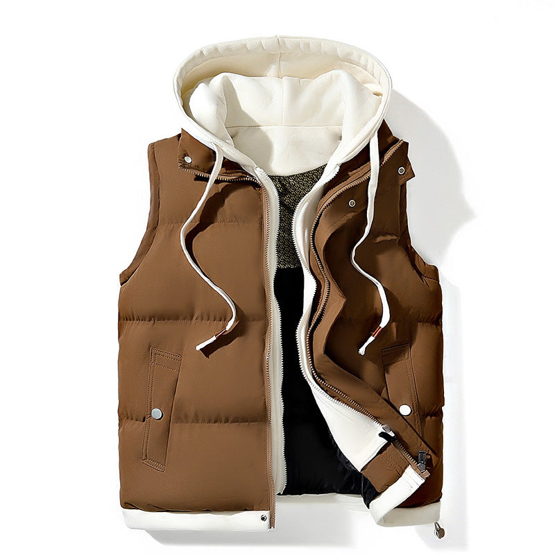 Mens Thick Hooded Vest Loose Fit Padded Sleeveless Jacket with Pockets